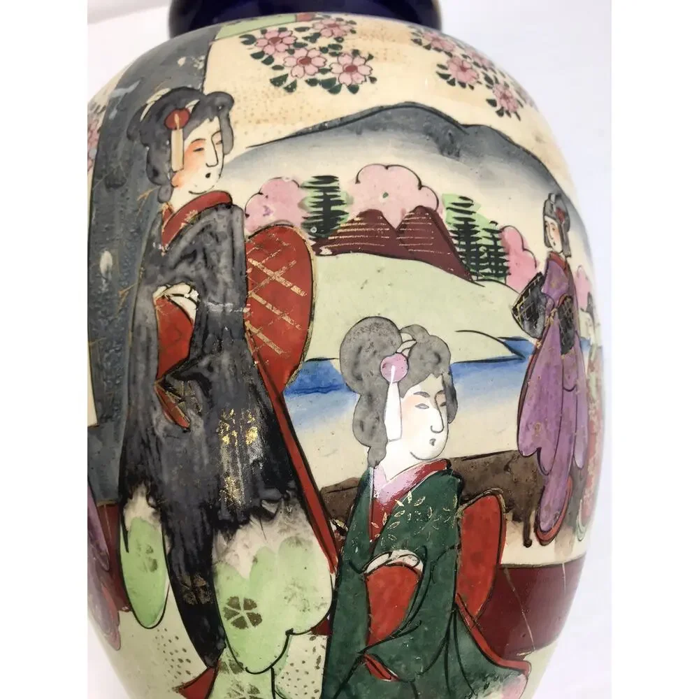 Japanese Vase 12' Geisha Girls Blue Gold Ancient Scene Asian Art Ceramic